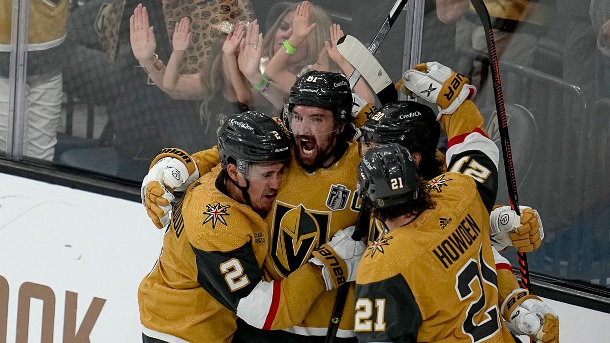 Golden Knights players celebrate goal in first game of Stanley Cup final